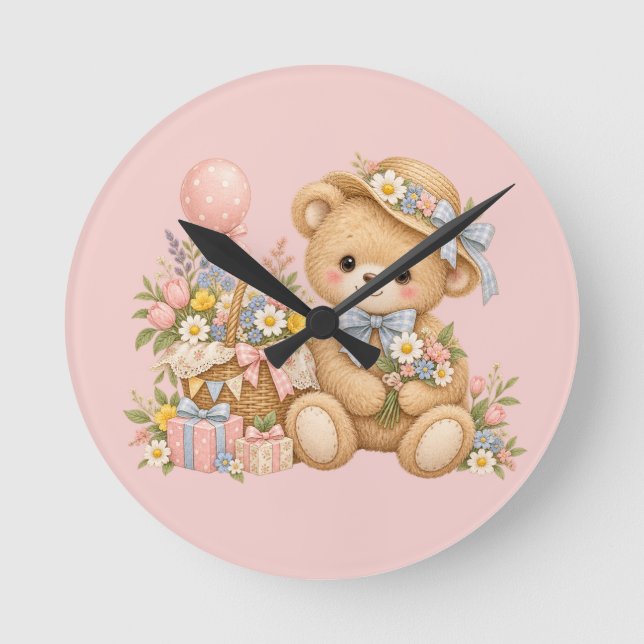 Vintage Teddy Bear Celebration with Wildflowers Round Clock (Front)