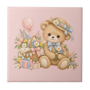 Vintage Teddy Bear Celebration with Wildflowers Tile