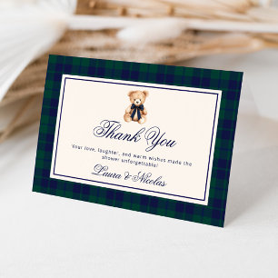 Vintage Teddy bear Classic Plaid Baby Shower Thank You Card
