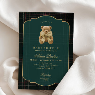 Vintage teddy bear dark green gold baby shower invitation