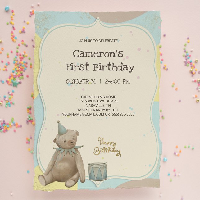 Vintage Teddy Bear First Birthday Invitation (Creator Uploaded)