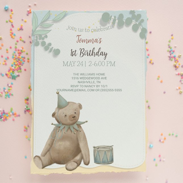 Vintage Teddy Bear First Birthday Invitation (Creator Uploaded)