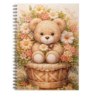 Vintage Teddy Bear Floral Basket Notebook