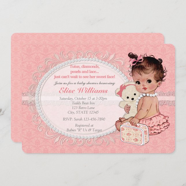 Vintage Teddy Bear Girls Baby Shower Invitations 3 (Front/Back)