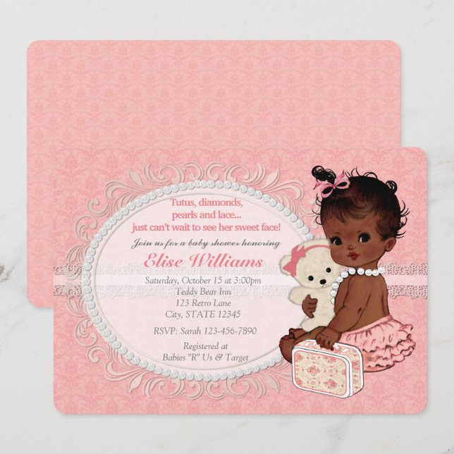 Vintage Teddy Bear Girls Baby Shower Invitations 5 (Front/Back)