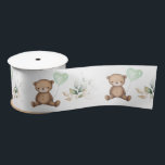 Vintage Teddy Bear Greenery Gold Baby Birthday Satin Ribbon<br><div class="desc">This elegant design features a cute teddy bear holding a sage green heart-shaped balloon framed with gorgeous watercolor greenery wreath</div>