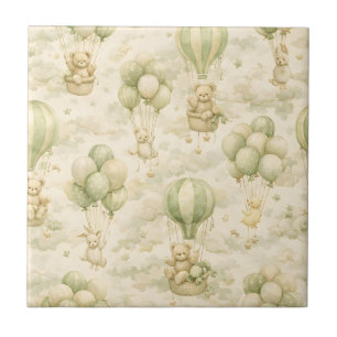 Vintage Teddy Bear Hot Air Balloon Cloud Pattern Tile