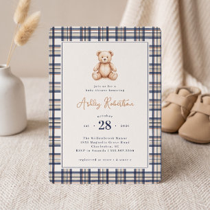 Vintage Teddy Bear Plaid Baby Shower Invitation