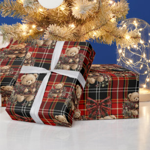 Vintage Teddy Bear Red Plaid Christmas Gift Wrappi Wrapping Paper