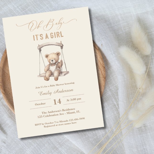 Vintage Teddy Bear Script Girl Baby Shower Invitation (Creator Uploaded)