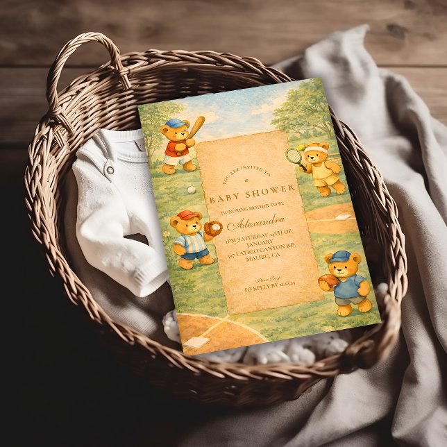 Vintage Teddy Bear Sports Baby Shower Invitation (Creator Uploaded)