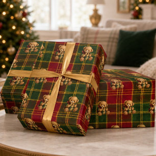 Vintage Teddy Bear Tartan Plaid Christmas  Wrapping Paper