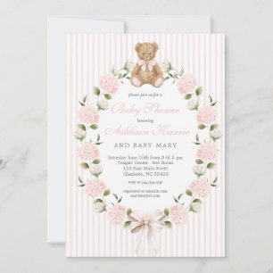 Vintage Teddy Bear witt pink bow Girl Baby Shower  Invitation