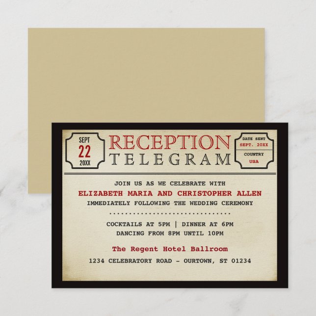 Vintage Telegram Style Wedding Reception Enclosure Card (Front/Back)