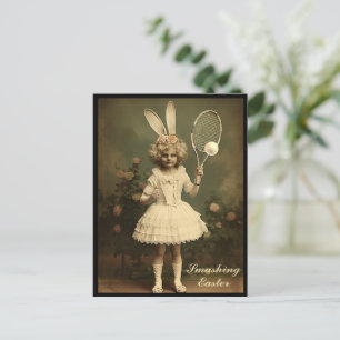 Vintage Tennis playing girl Happy Easter Holiday Postcard