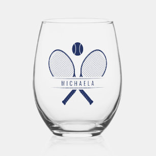 Vintage Tennis Rackets, Tennis Ball & Name Stemless Wine Glass