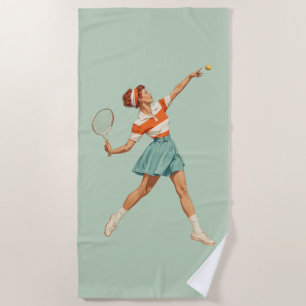 Vintage Tennis Serve Illustration Beach Towel
