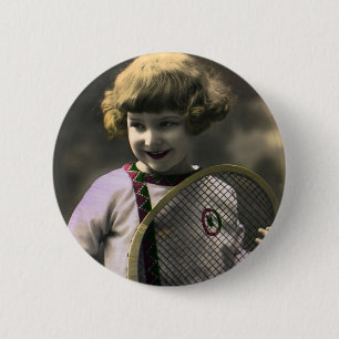Vintage Tennis Sports, Happy Girl with Racket 6 Cm Round Badge