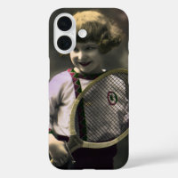 Vintage Tennis Sports, Happy Girl with Racket