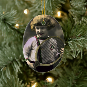 Vintage Tennis Sports, Happy Girl with Racket Ceramic Tree Decoration