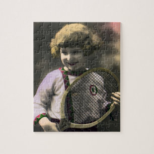 Vintage Tennis Sports, Happy Girl with Racket Jigsaw Puzzle
