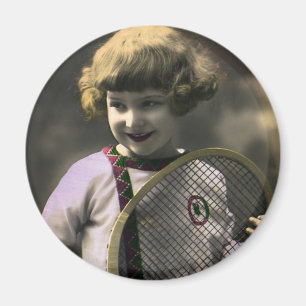 Vintage Tennis Sports, Happy Girl with Racket Magnet