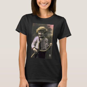 Vintage Tennis Sports, Happy Girl with Racket T-Shirt