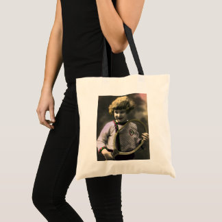 Vintage Tennis Sports, Happy Girl with Racket Tote Bag