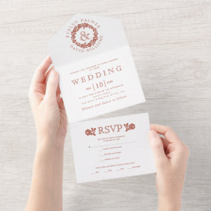 Vintage terracotta rose wreath on white wedding al all in one invitation