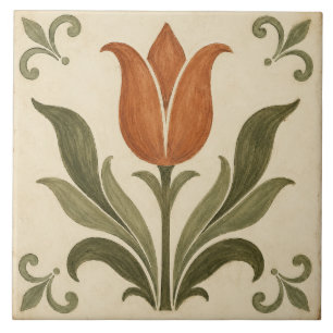 Vintage Terracotta Tulip Folk Art Botanical Tile