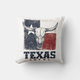 Vintage Texas Longhorn Bull Skull Distressed Flag Cushion