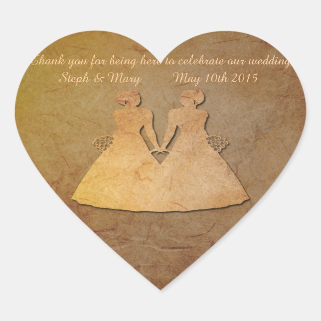 Vintage Texture Lesbian Wedding Heart Sticker (Front)