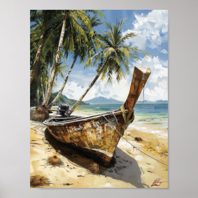 Vintage Thai Longtail Boat Beached in Sand Poster (Front)