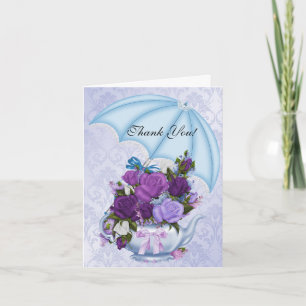 Vintage Thank You Card White Blue Purple Flowers