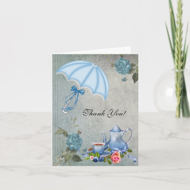 Vintage Thank You Card White Blue Tea Flowers (Front)