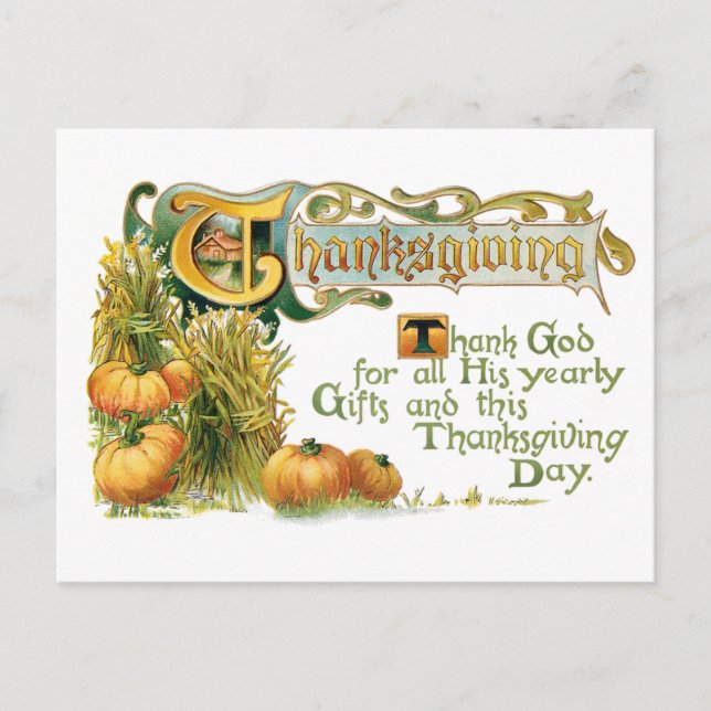 Vintage Thanksgiving Blessing with Pumpkins Holiday Postcard (Front)