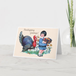 Vintage Thanksgiving Boy with Turkey & Harvest Holiday Card