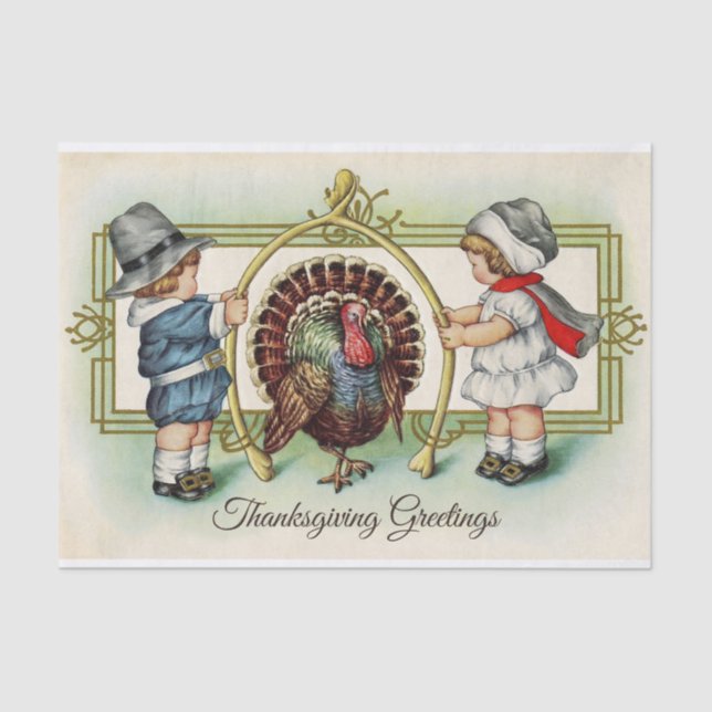Vintage Thanksgiving Children and Turkey  Tissue Paper (Front)
