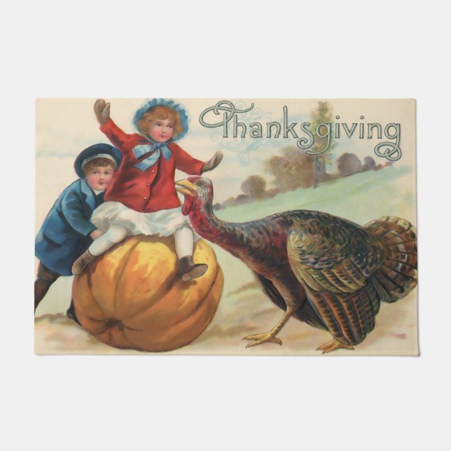 Vintage Thanksgiving Children with Pumpkin, Turkey Doormat (Front)