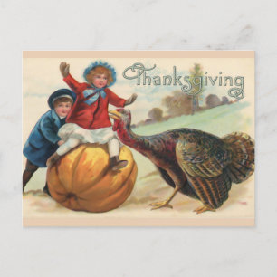 Vintage Thanksgiving Children with Pumpkin, Turkey Postcard
