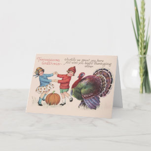 Vintage Thanksgiving Children with Turkey Holiday Card