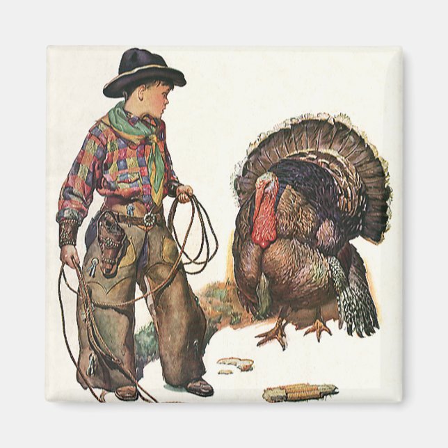 Vintage Thanksgiving, Cowboy Catching a Turkey Magnet (Front)