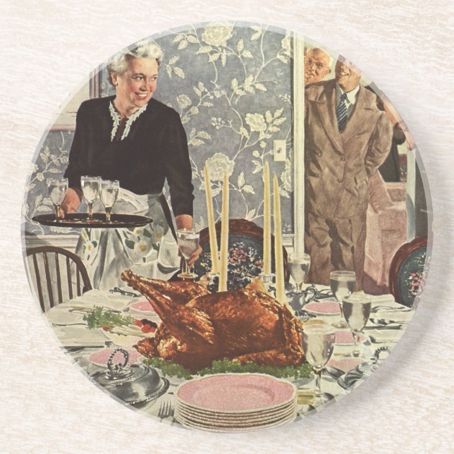 Vintage Thanksgiving Day Turkey Dinner with Family Coaster (Front)
