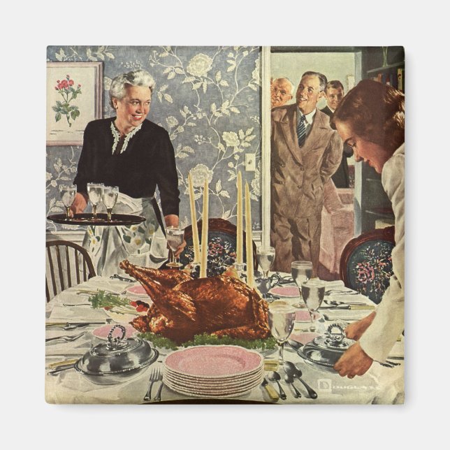 Vintage Thanksgiving Day Turkey Dinner with Family Magnet (Front)