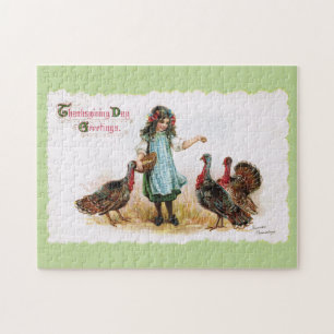 Vintage Thanksgiving Farm Girl & Turkeys Puzzle