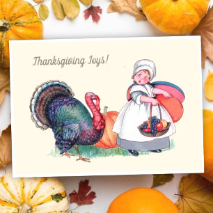 Vintage Thanksgiving Girl with Turkey & Harvest Holiday Card