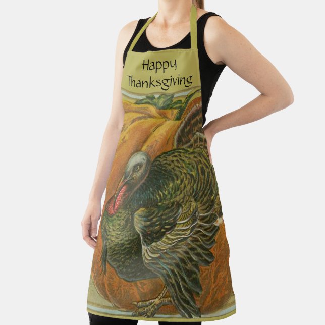 Vintage Thanksgiving greeting turkey and pumpkin Apron (Insitu)