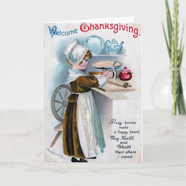 Vintage Thanksgiving Greeting with Pilgrim Girl Ba Invitation (Front)