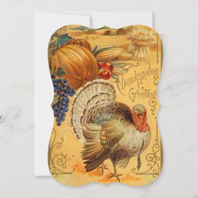 Vintage Thanksgiving Greeting With Turkey & Bounty Holiday Card (Front)