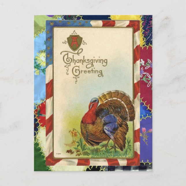 Vintage Thanksgiving Greetings & Quilt Postcard (Front)